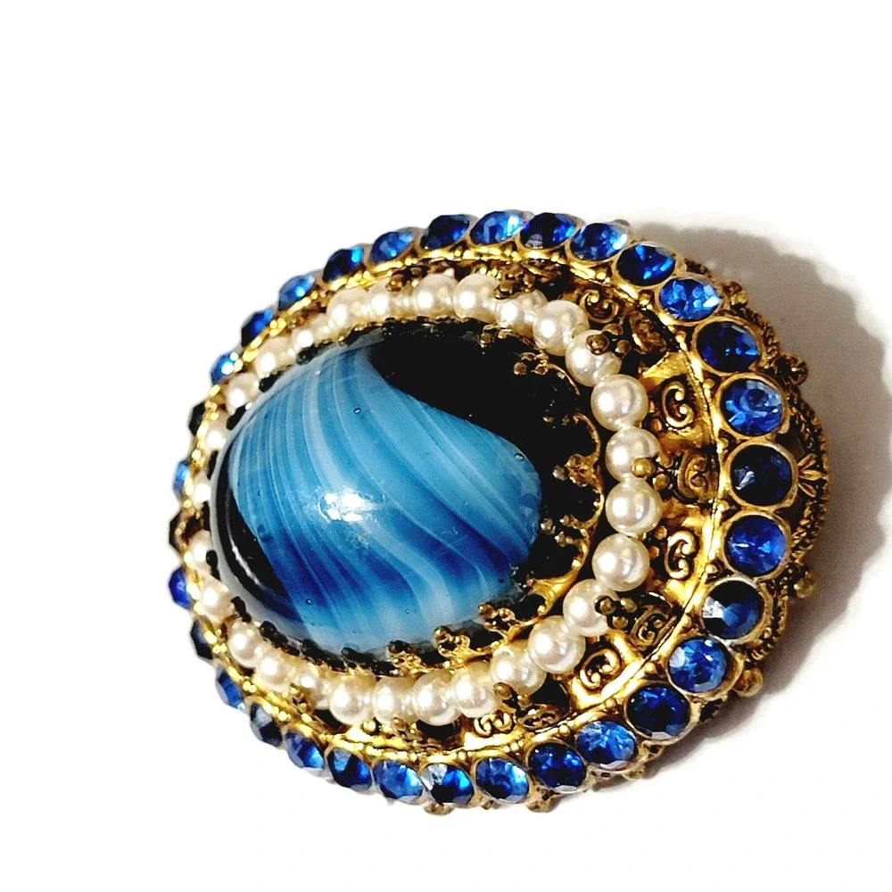 Stunning Blue Slag Glass Brooch Pin Rhinestones 2